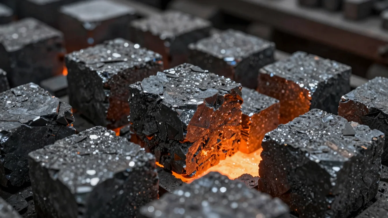 Close-up of fractured spiegeleisen blocks showing crystalline met