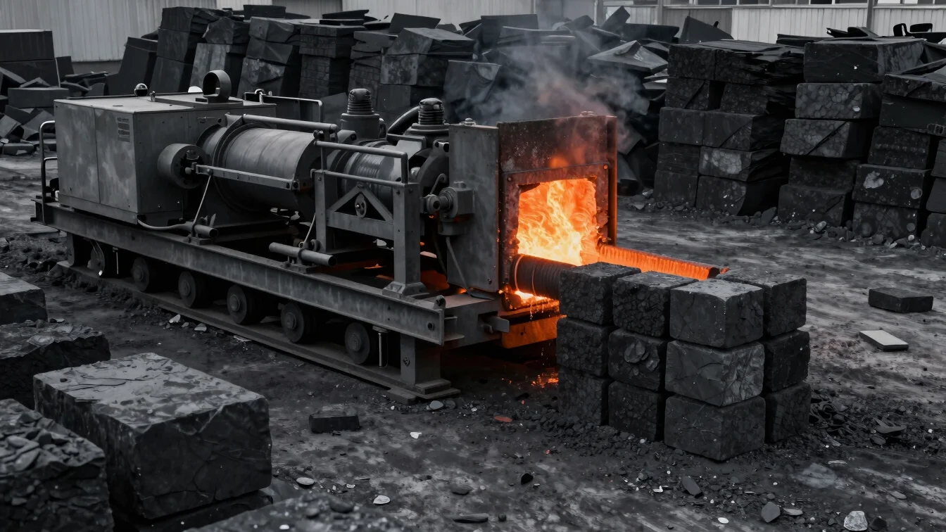 Heavy material handling equipment moving iron blocks in a charcoa