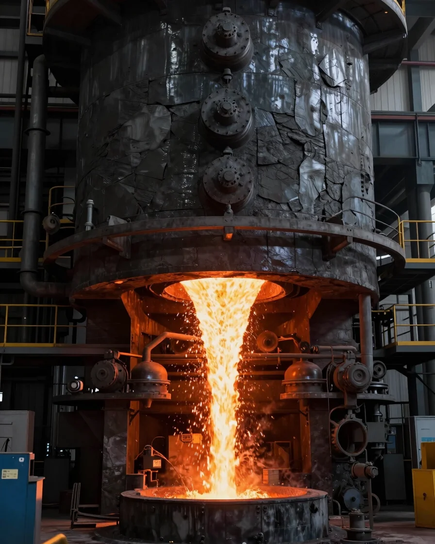 Wide structural facility shot of a heavy industrial blast furnace