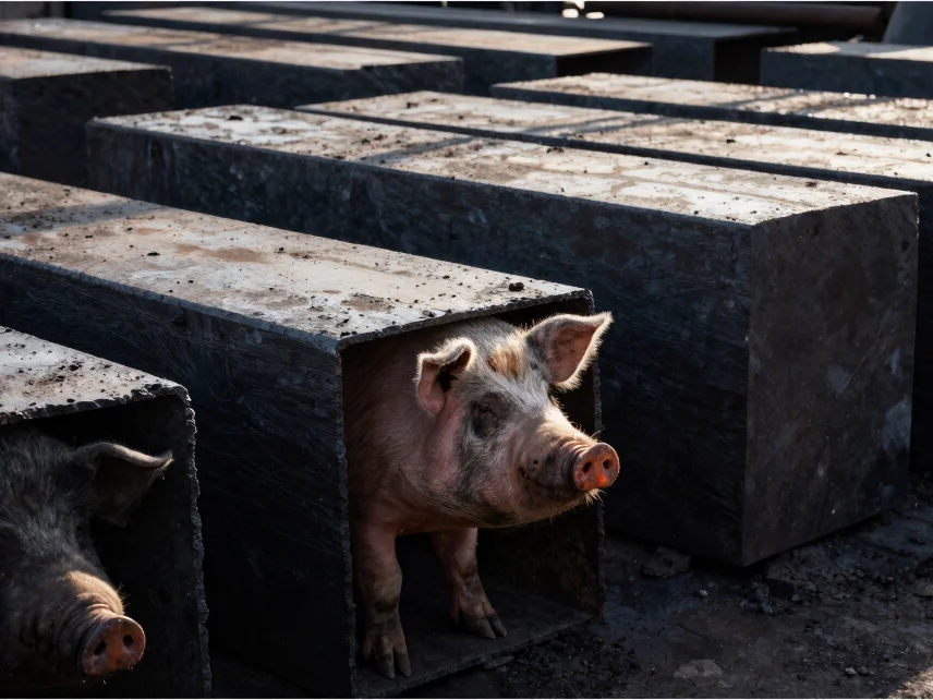 Stacked pig iron pigs in storage yards under harsh natural daylig