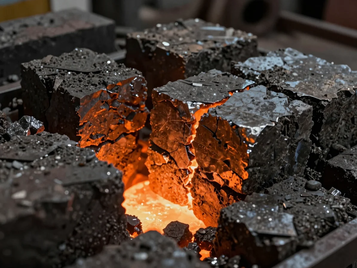 Close-up of metallic fractures showing crystalline structure of s