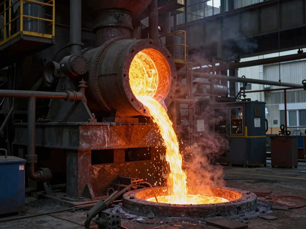Molten orange metal pouring during blast furnace tapping operatio