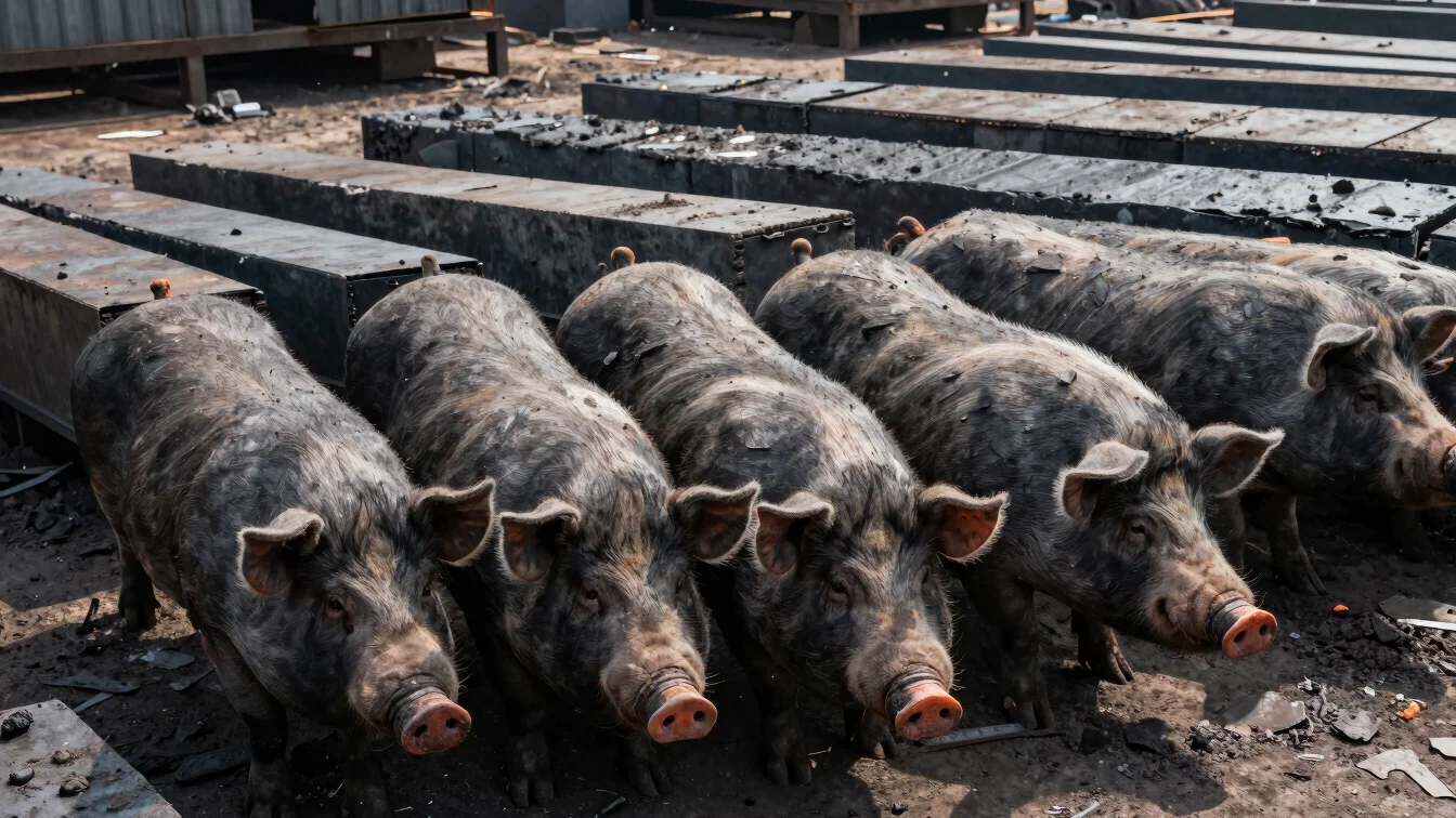 Stacked pig iron pigs in an industrial storage yard, harsh natura